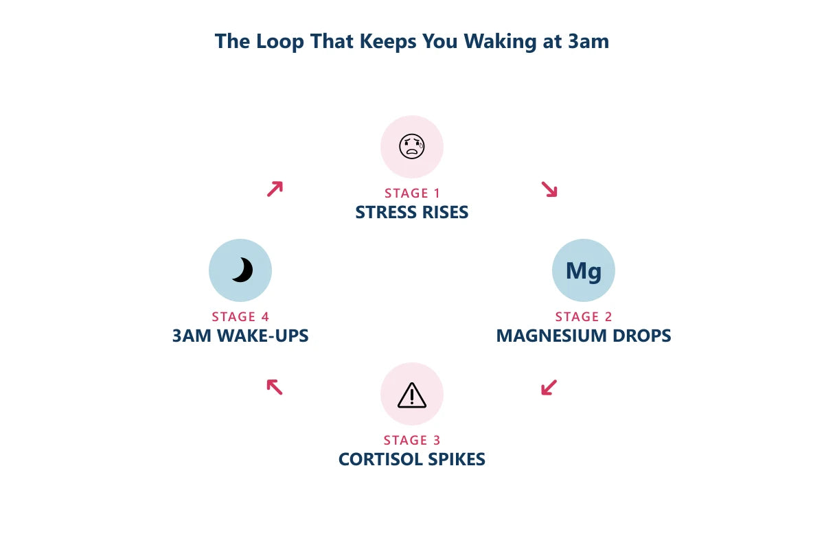 The loop: stress rises, magnesium drops, cortisol spikes, 3am wake-ups