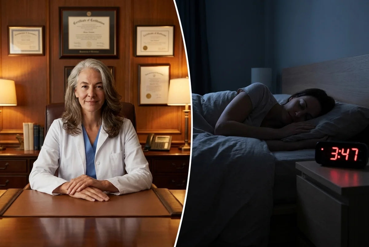 Dr. Bennett at her desk; a patient asleep beside a 3:47am alarm clock