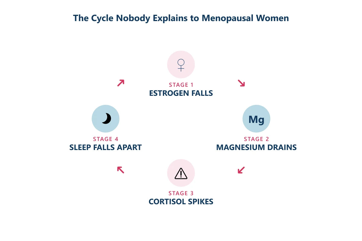 The cycle: estrogen falls, magnesium drains, cortisol spikes, sleep falls apart