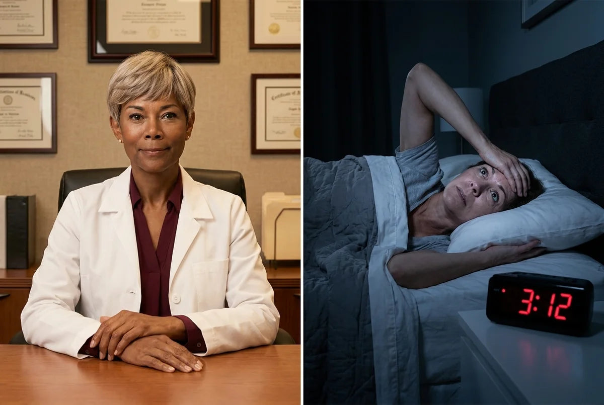 Dr. Mercer at her desk; a woman lying awake at 3:12am