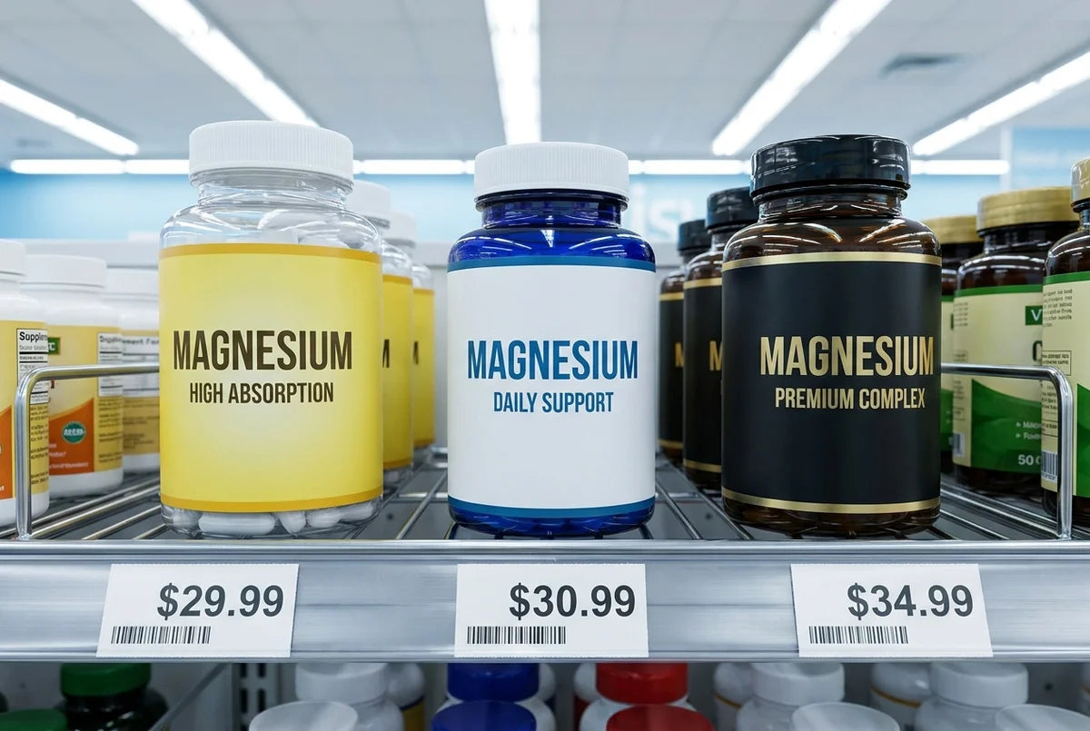 Drugstore shelf of generic magnesium bottles
