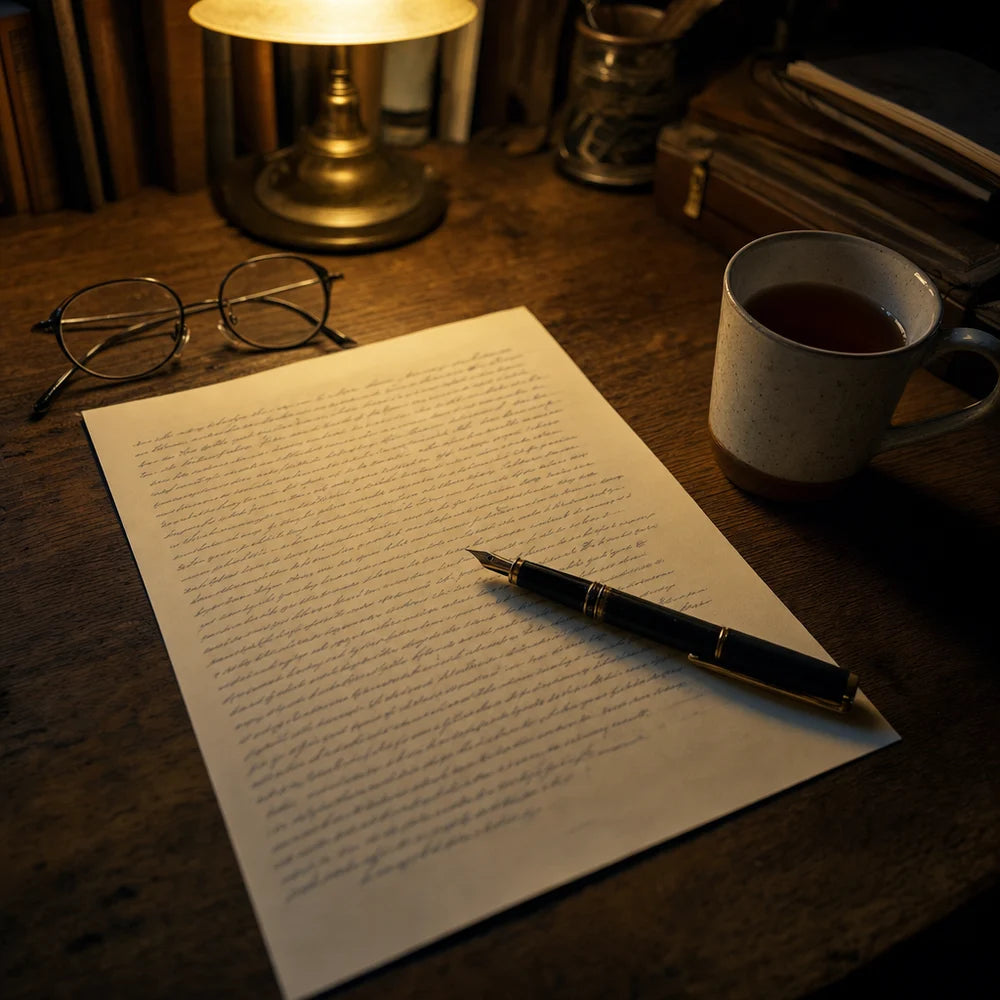 A handwritten letter on a desk at night