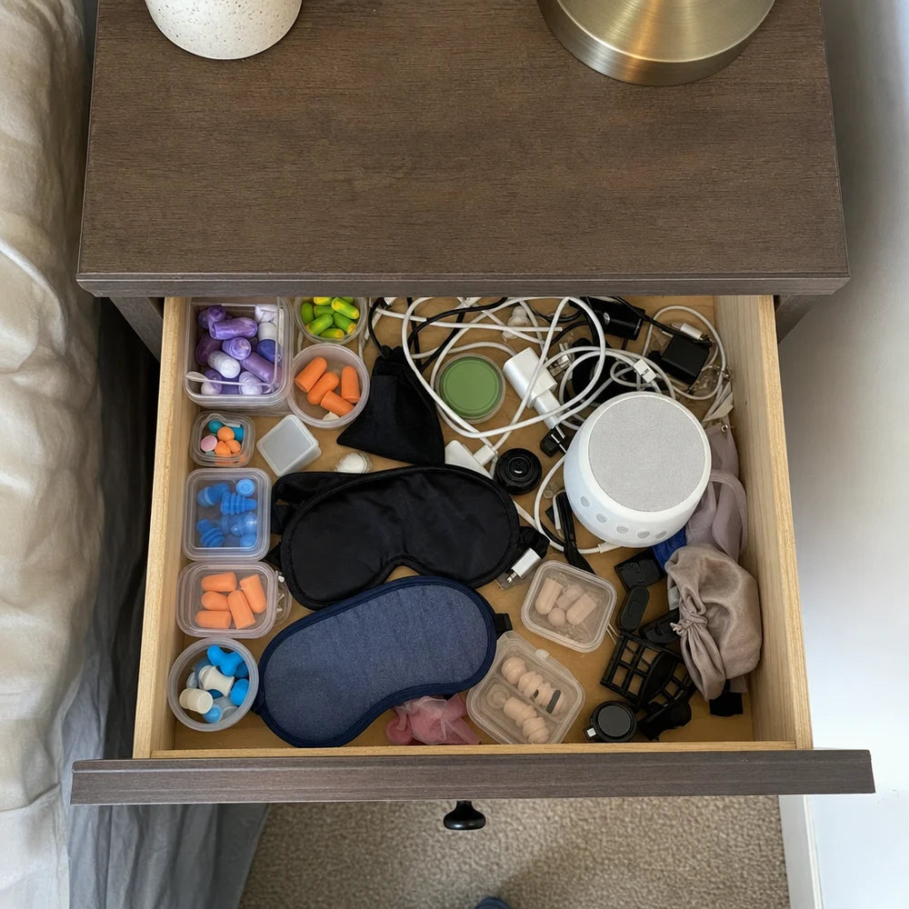 A nightstand drawer full of sleep aids