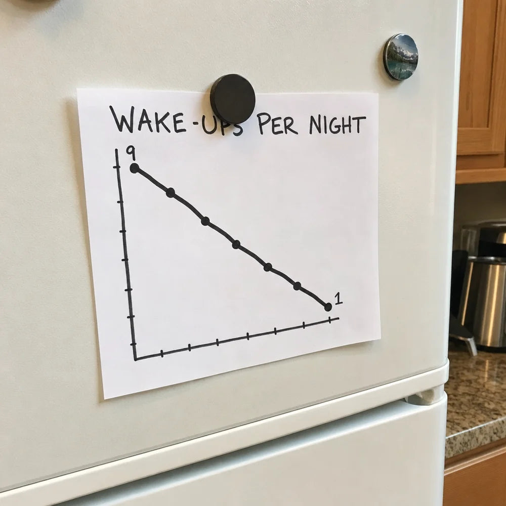 Hand-drawn chart of wake-ups per night on a fridge