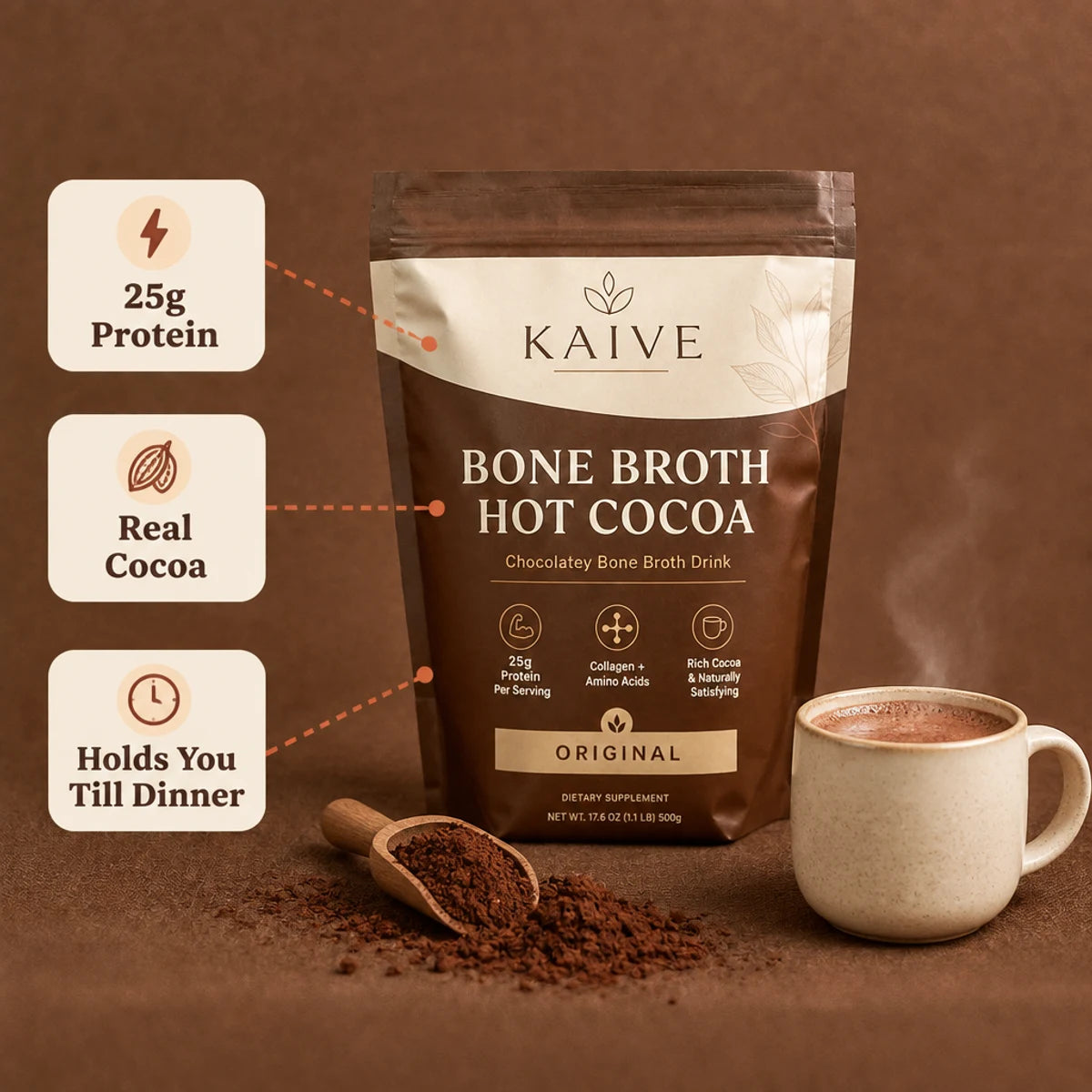 Kaive Bone Broth Hot Cocoa: 25g protein, real cocoa, holds you till dinner